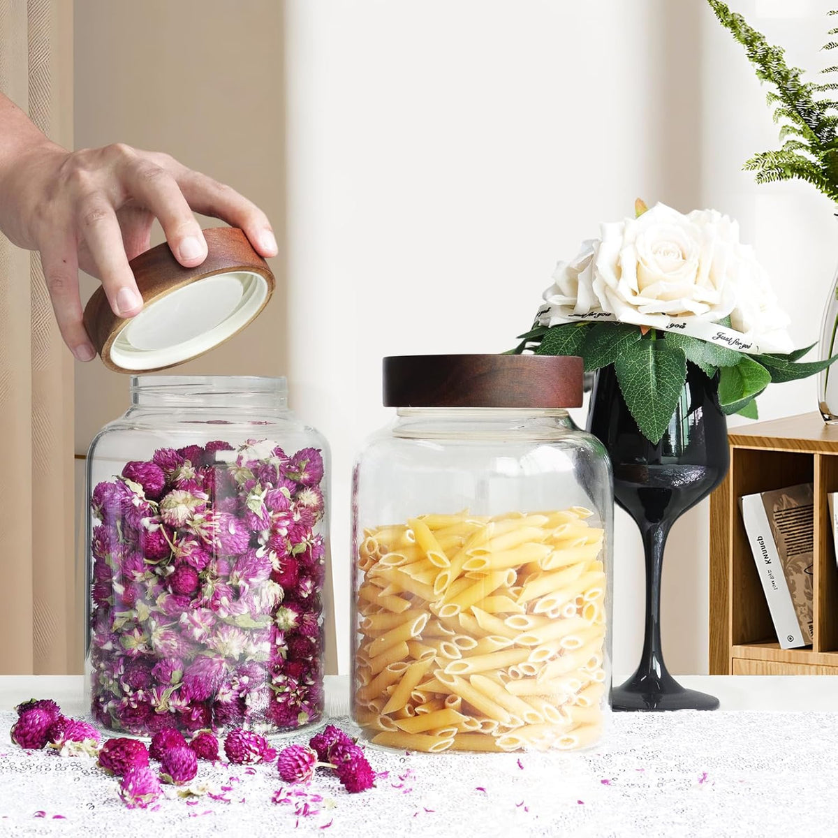 Glass Coffee Jars Spice Jar Round Storage Canister with Wooden Lid Clear Glass Food Jar for Pantry Sugar Tea Coffee Bean Spice Nuts Cookies Bath Salts (1800ml/60oz-2PACK（with spoon))