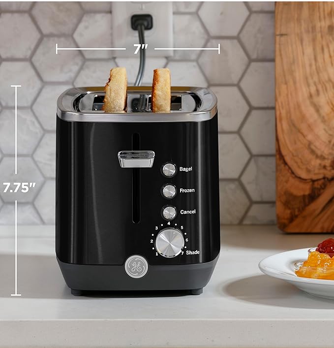 GE 2 Slice Black Stainless Steel Toaster, Extra Wide Slots for Toasting Bagels, Breads, Waffles & More, 7 Adjustable Shade Settings, Removable Crumb Tray, Countertop Kitchen Essentials, 850 Watts