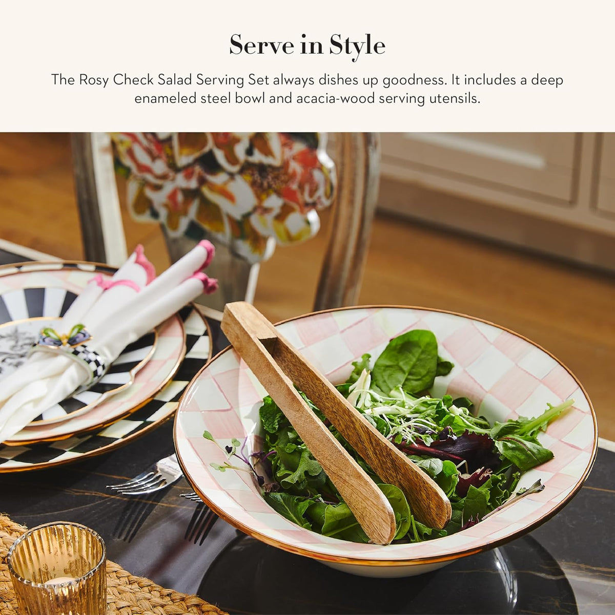 MACKENZIE-CHILDS Enamel Salad Serving Set, Enamel Bowl and Wooden Salad Servers, Decorative Kitchen Set, Pink-and-White Rosy Check