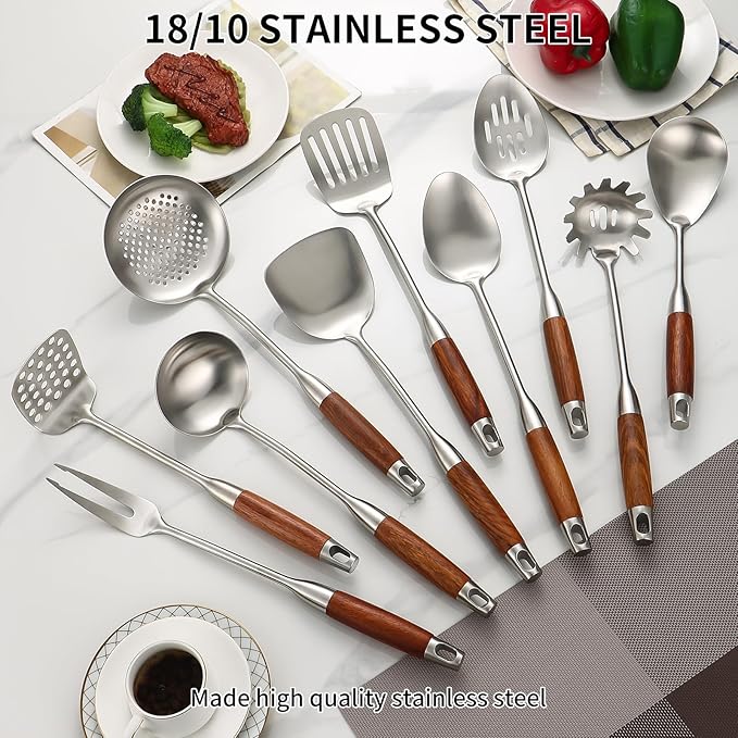 Stainless Steel Kitchen Utensils Set with Wood Handle, 18/10 Metal Cooking Utensils Set, 10-Piece - Spatula, Spoon, Ladle, Skimmer, Slotted Turners, Pasta Server, Fork, Masher(Dishwasher Safe)