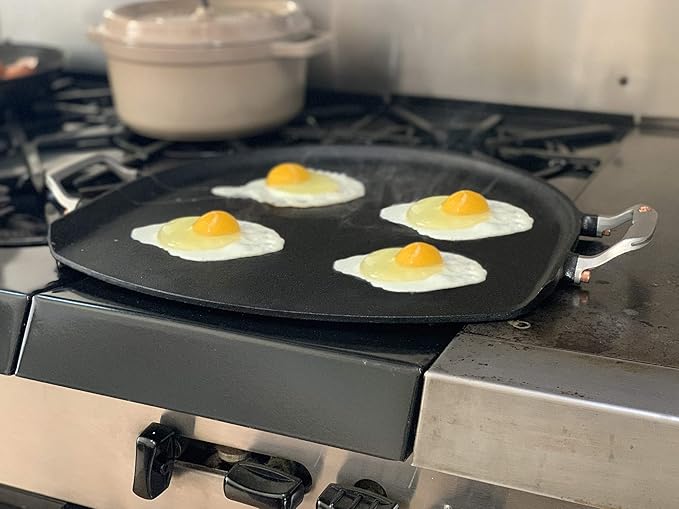Outset Cast Iron Grill Skillet and Pan with Forged Handles for Pizza, Eggs, Pancakes, Burgers and Steaks, 14-inch, Black