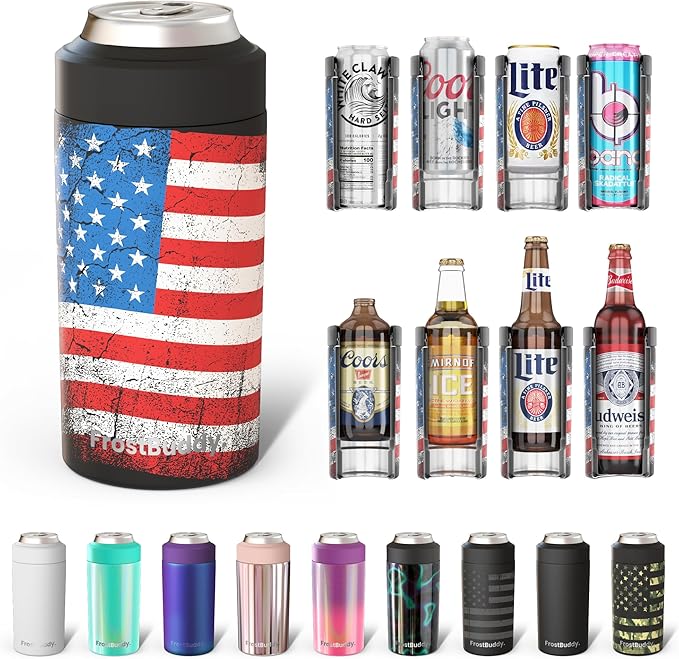 Frost Buddy Universal Buddy Can Cooler - Fits All - For Regular 12 & 16 oz or Slim-Size Bottles - Insulated Double-Walled Stainless Steel (Merica)