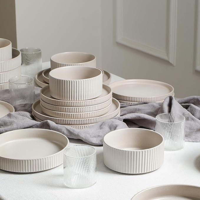 Stone Lain Haven Modern Stoneware 4 Piece Pasta Bowl Sets, Dish Set for 4, Reactive Glaze Beige