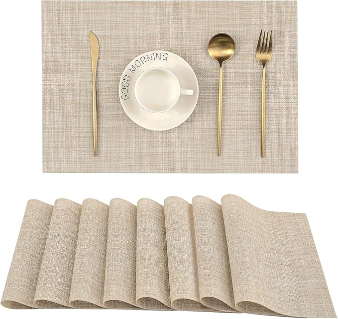 Leetaltree Beige Placemats Set of 8 - Heat Resistant Non-Slip Place mats for Dining Table, Washable Durable PVC Vinyl Woven Table Mats（Beige, 8）