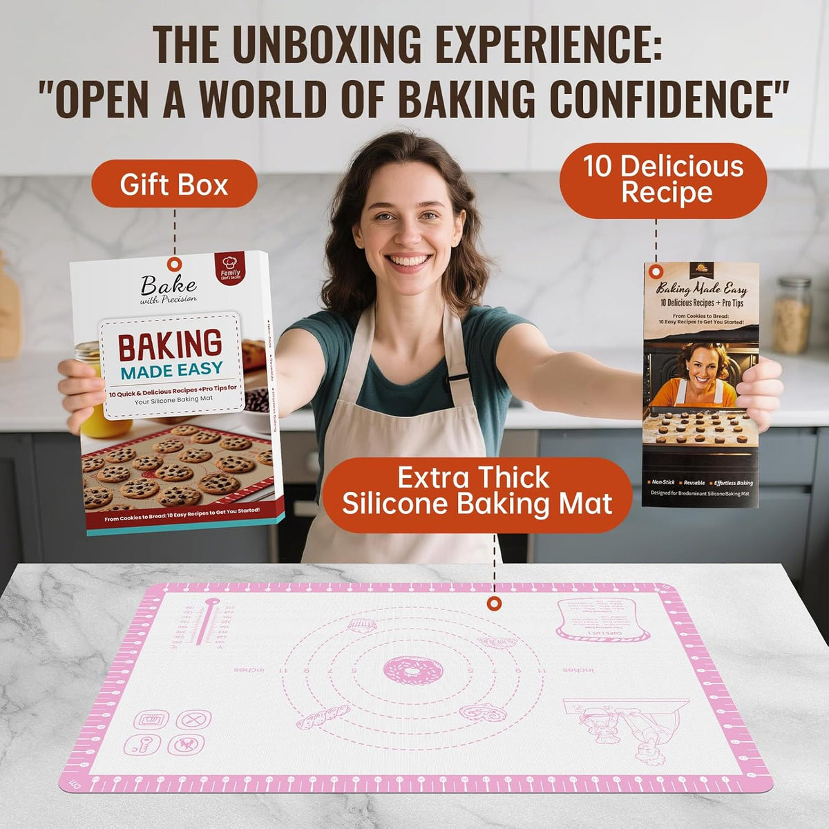 Silicone Baking Mat with 10 Recipes, Pastry Mat for Dough Rolling, Silicone Mat for Baking Macaron, Cookie, Bread, Pizza,Surdough, Fondant Mat for Kitchen, Extra Large 32 X 24 INCH