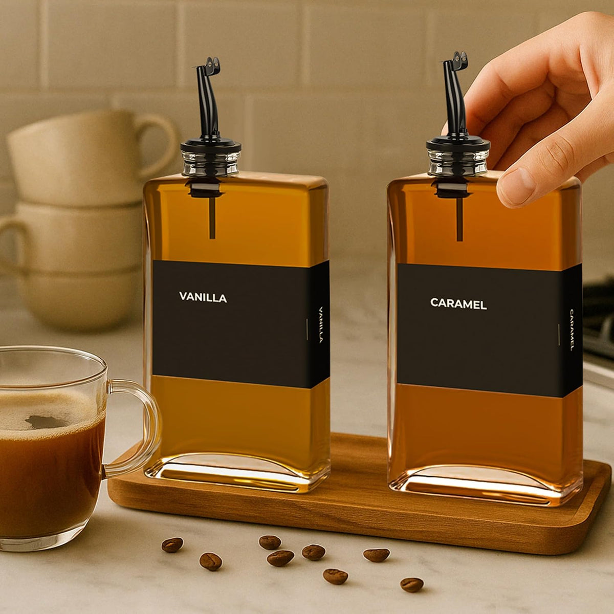 Olive Oil Dispenser Bottle - Includes 44 Kitchen Essential Labels - Cooking Oil Bottles for Kitchen, Coffee Syrup Dispenser - Pourer Spout with 11.8 fl oz Glass Container Cruet - 2pcs, Black