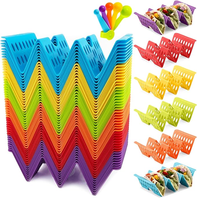 Set of 48 Colorful Taco Holder Stand, Plastic Taco Plates Hold up to 3 Tacos Each, Hard Sturdy Taco Shell Holder, Fiesta Taco Plate, Taco Tray, Dishwasher Microwave Safe, Taco Plates Disposable