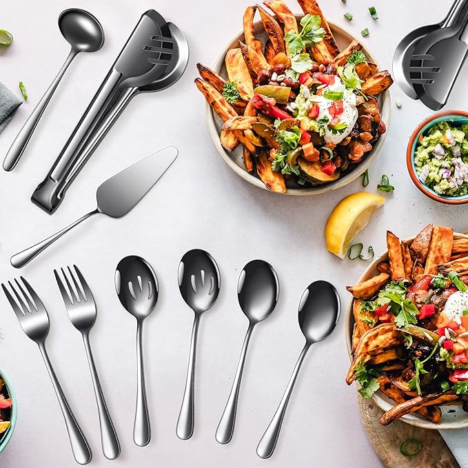 Patelai Serving Utensils Set Include Stainless Steel Large Spoons Slotted Spoons Forks Tongs Soup Ladle and Pie Server for Parties Buffet Catering, Dishwasher Safe(Black,10 Pieces)