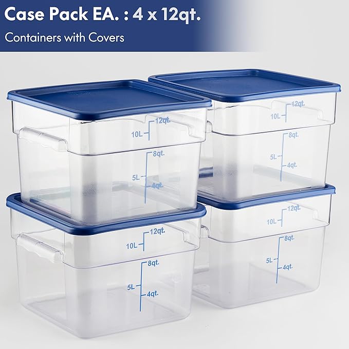 CURTA 4 Pack Food Storage Containers with Blue Lids - NSF Listed Commercial Grade in 12.0 Qt - Square, Clear, Polycarbonate