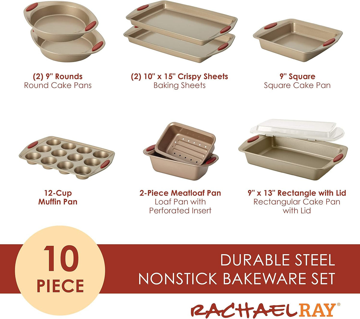 Rachael Ray Cucina Nonstick Bakeware Set Baking Cookie Sheets Cake Muffin Bread Pan, 10 Piece, Latte Brown with Cranberry Red Grips & KitchenTools and Gadgets Nylon Cooking Utensils, 2 Piece, Red