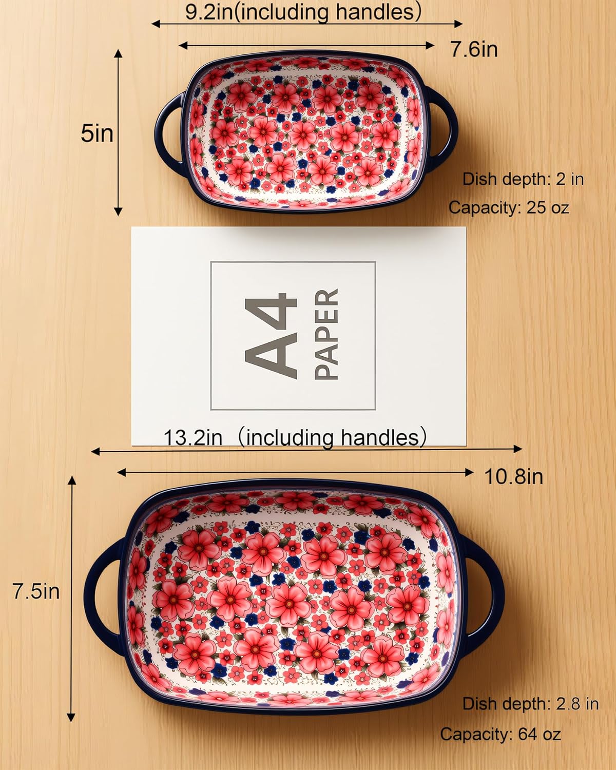 Polish Pottery Style Ceramic Baking Dish Set of 2 – Decorative Casserole Dishes with Handles, Cute Oven-Safe Lasagna Bakeware Gift Set