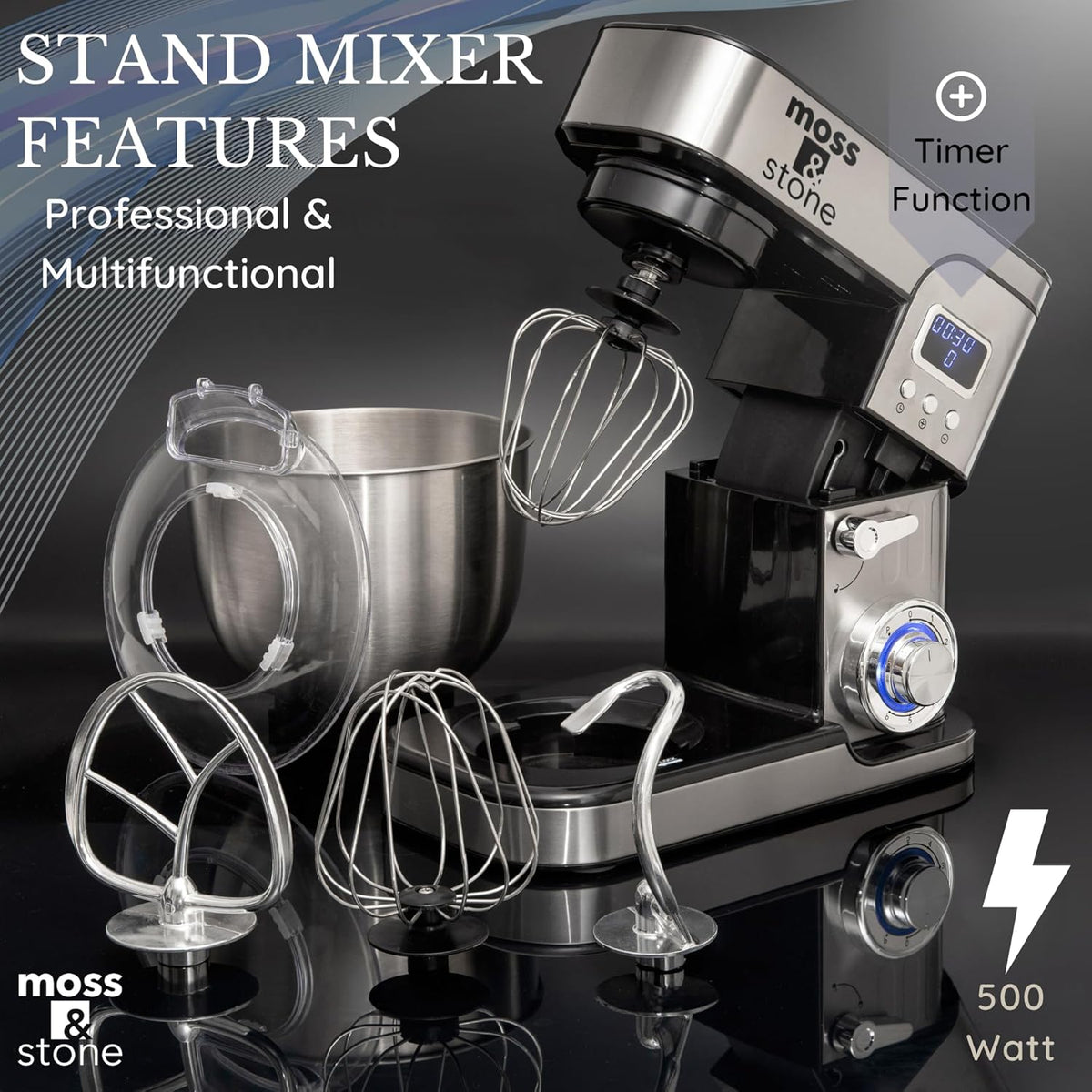 Moss & Stone Stand Mixer With Lcd Display, 6 Speed Electric Mixer With 5.5 Quart Stainless Steel Mixing Bowl, Kitchen Mixer With Dough Hook, Egg Whisk, Beater & Baking Spatula, Food Mixer With Timer