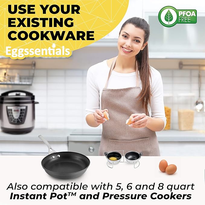 Eggssentials Egg Poacher Insert Stainless Steel Poached Egg Cooker Eggs Poaching Cup PFOA Free Egg Poachers Nonstick, 6.25" Rack Compatible with Skillet Instant Pot Pressure Cooker, 2 Poached Cups
