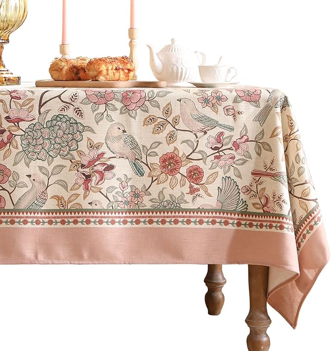patdrea Designer Pink Linen Table Cloth for Rectangle Table,Vintage Floral with Birds Pattern Decorative Tablcloth,French Table Cover for Kitchen Dining,Thanksgiving,Christmas,55"x71"-Kulom a