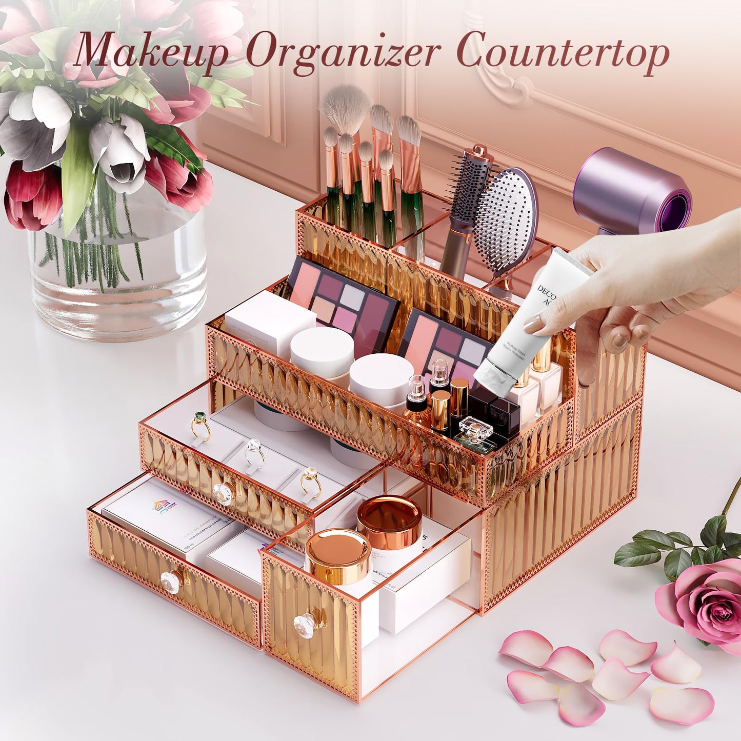 Youdepot Golden Tempered Glass Vanity Organizer for Cosmetics