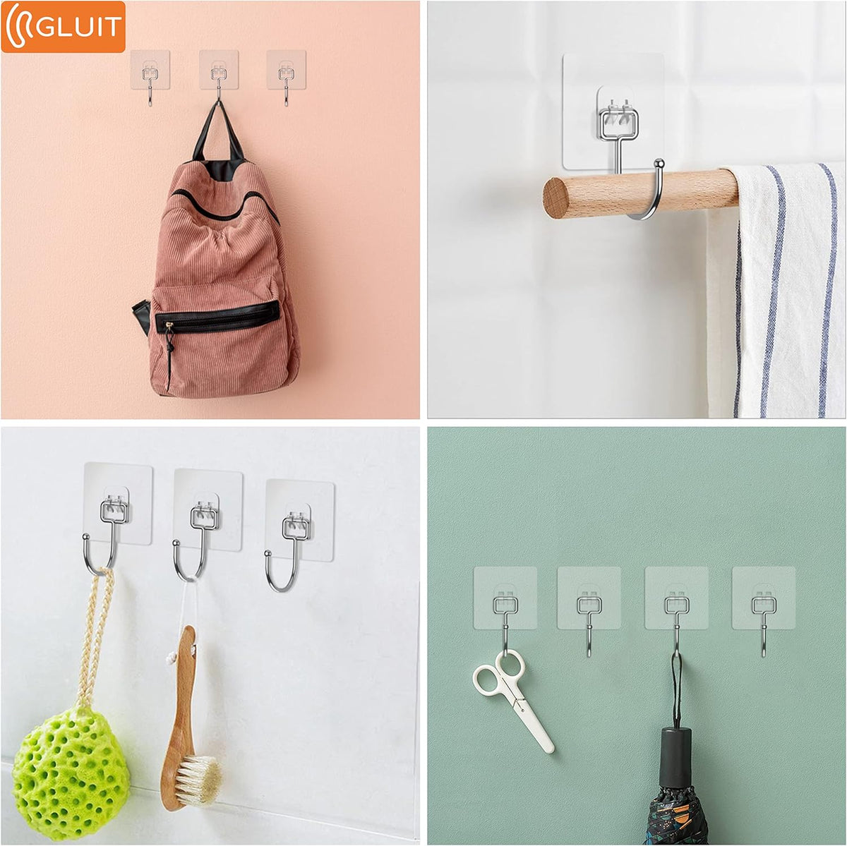 GLUIT Adhesive Large Wall Hooks for Hanging Heavy Duty 22 lbs Hook for Walls No Damage (12 Large Hooks)