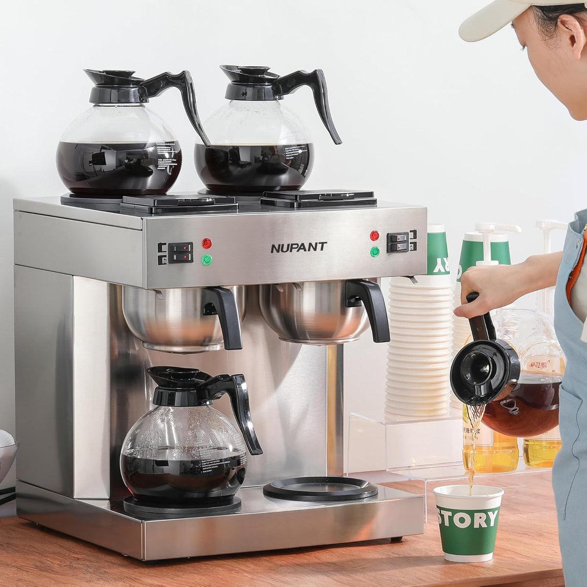 Dual Drip Commercial Coffee Maker, 200 Cup/hour, 7.2L Pour Over Coffee Machine with 4 Glass Carafe and 4 Warmers, Stainless Steel Double Coffee Brewer Staition for Restaurant and COFFEE Bar