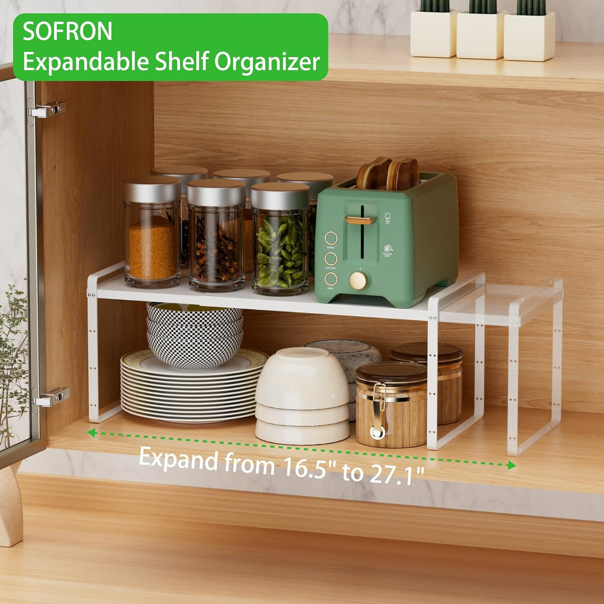 Expandable Cabinet Storage Shelf Stackable Organizer Rack for Kitchen Bathroom Pantry Spice Cupboard Countertop Home Office Desk Heavy Duty Nonslip White Large 1 Pack