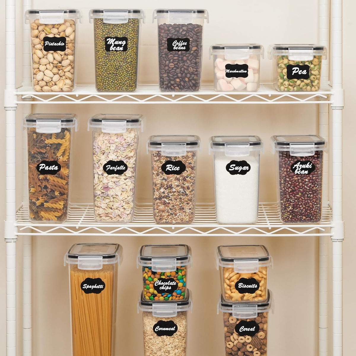 Vtopmart Airtight Food Storage Containers Set with Lids, 15pcs BPA Free Plastic Dry Food Canisters for Kitchen Pantry Organization and Storage, Dishwasher safe,Include 24 Labels, Black