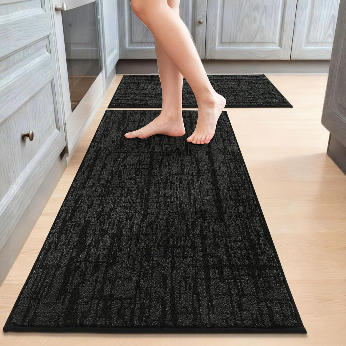 COSY HOMEER Kitchen Rugs 20"x32"+20"x48" Absorbent Soft Kitchen Mats for Floor Non Slip Kitchen Runner Rug Polyester Washable Kitchen Floor Mats for Sink Mat,Hallway,Laundry,Black