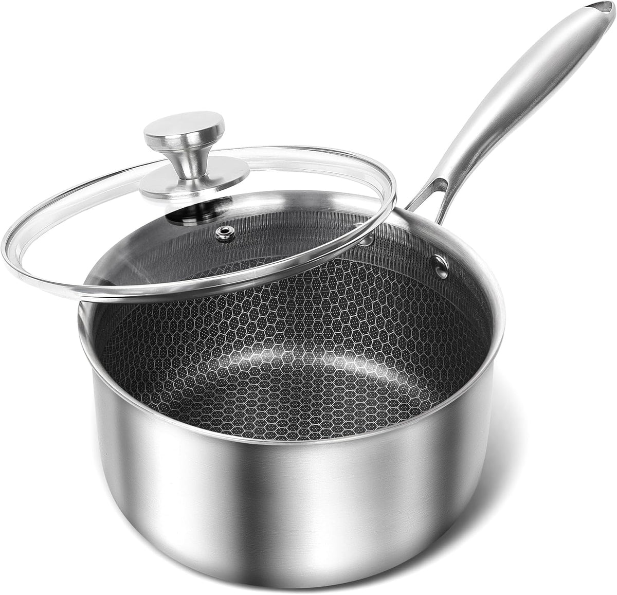 MICHELANGELO 3 Quart Saucepan with Lid, Premium Triple Ply Stainless Steel Sauce Pan with Lid, Sauce Pot with Honeycomb Interior - 3QT