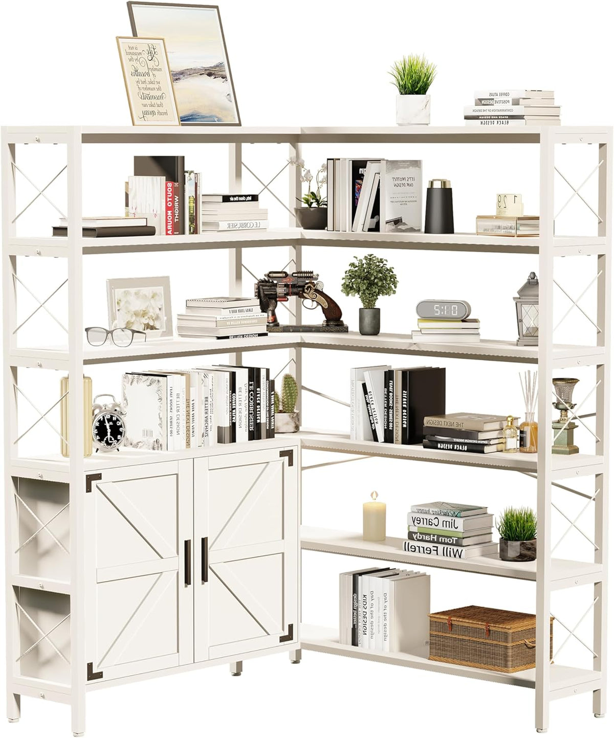 Corner Bookshelf 6 Tier, Large White Wooden Bookcase for Corner,Farmhouse Etagere L Shaped Book-Shelf with Metal Frame & Cabinet for Living Room Home Office