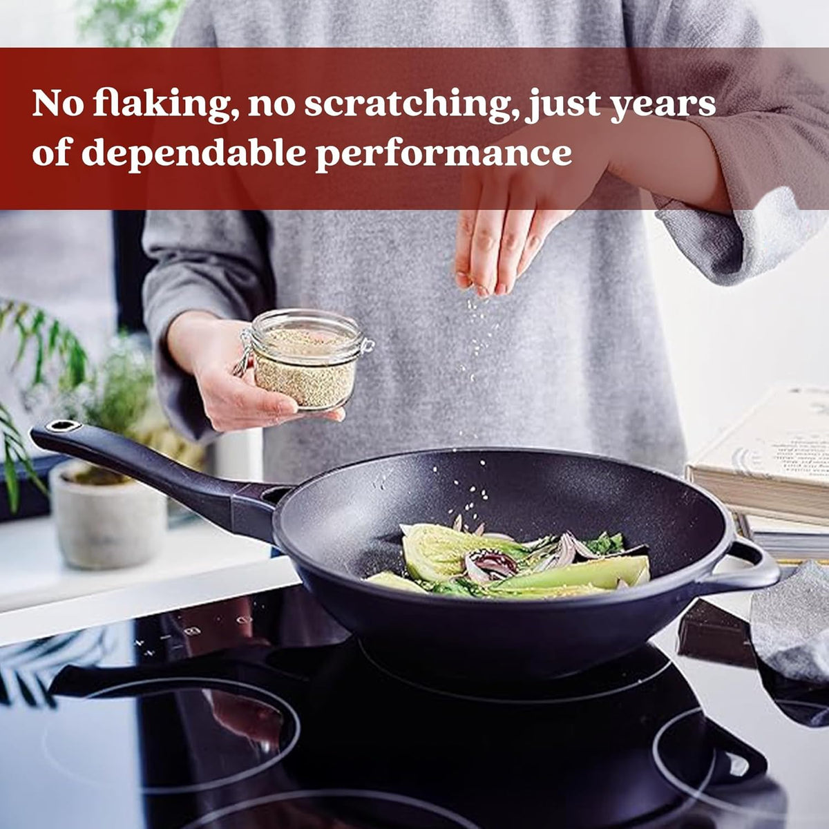 Alva Energy 6-Piece Ceramic Nonstick Frying Pan Set, PFAS/PTFE-Free – 8", 9.5", 11" Fry Pans, 12" Wok + 11" Crepe Pan, Stay-Cool Handles, Induction & Gas Compatible, Lightweight & Dishwasher Safe