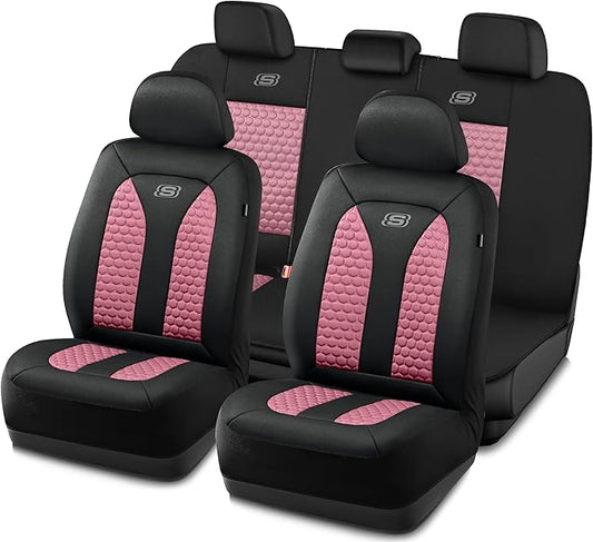 Skechers Memory Foam™ Car Seat Cover Full Sets, Hexcomb Breathable Thick Seat Covers, Airbag Compatible, Automotive Comfort & Protection for Most Cars,Van,Trucks, SUVs (Pink,Full Set)