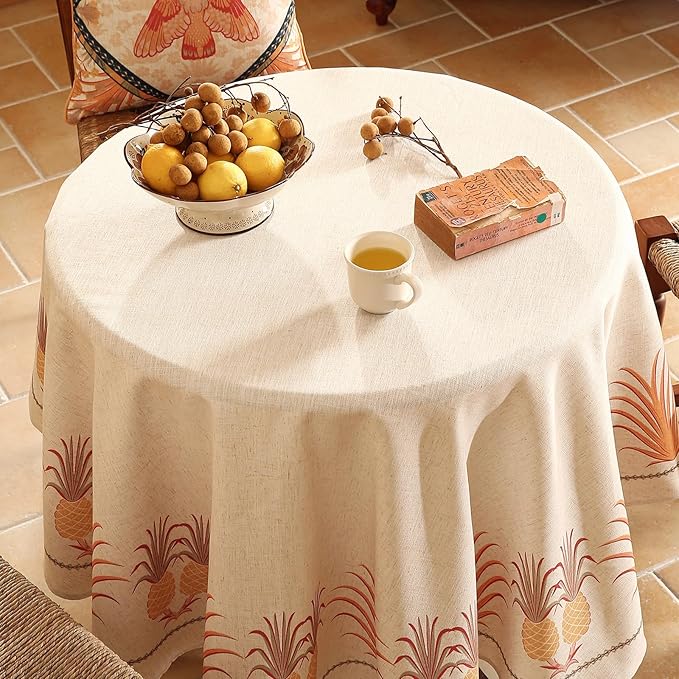 patdrea Designer Tablecloth for Round Table,Pineapple Pattern Linen Tablecloths,Fall Decoration Table Cover for Kitchen Dining Christmas,Tea Party,Thanksgiving,Diameter 67"-Pineapple B