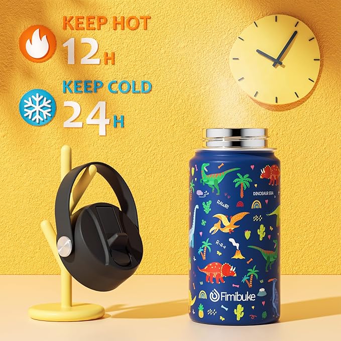 Fimibuke Kids Insulated Water Bottle, 14oz BPA FREE 18/8 Stainless Steel Travel Tumbler Double Wall Vacuum Leak Proof Kids Cup with Straw Metal Bottle for School Boys Girls(1 Pack, BLUE DINOSAUR)