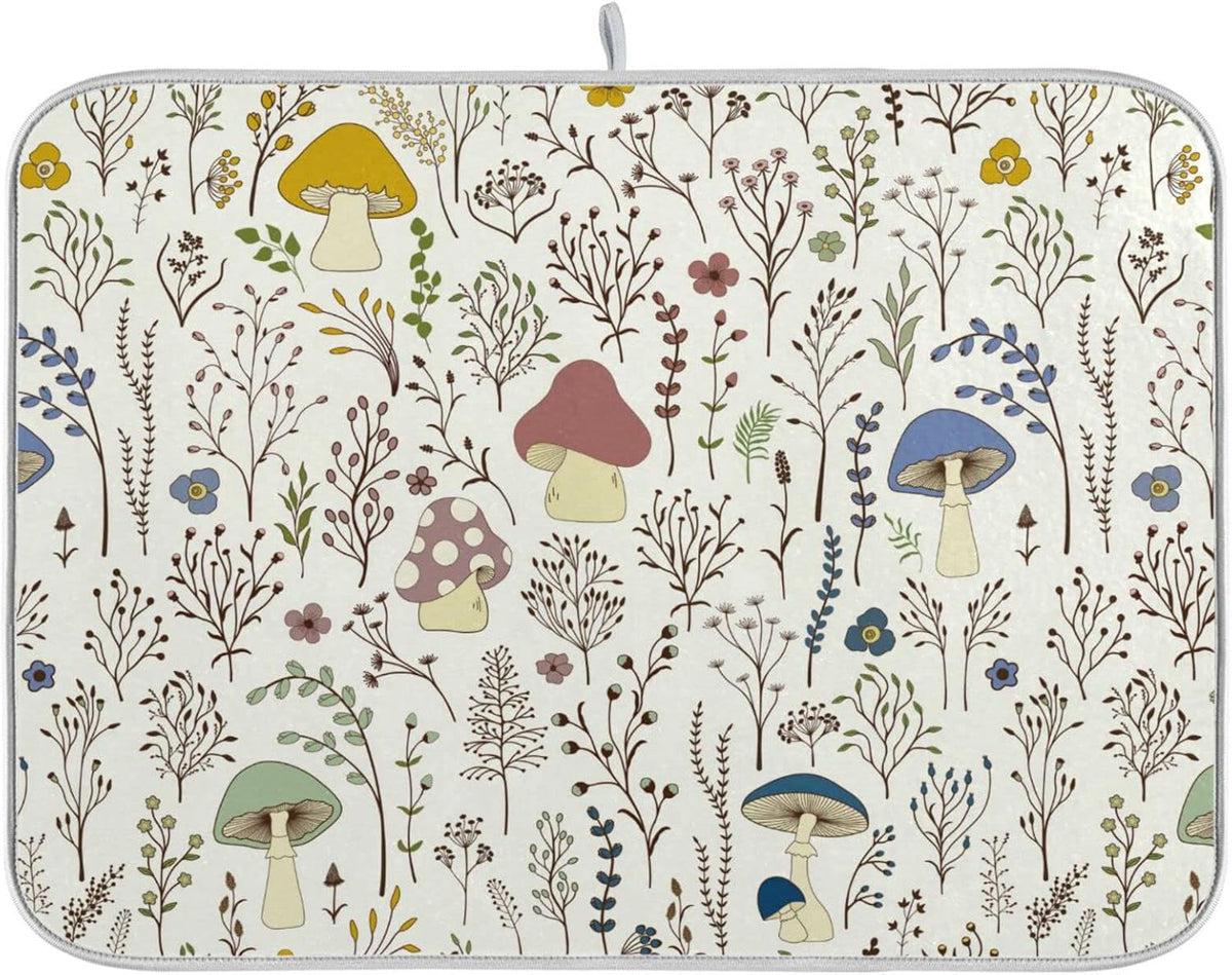Cute Mushroom Wild Plant Dish Drying Mat for Kitchen Counter Absorbent Microfiber Drying Pad, Medium 16x18 in, Reversible Drainer Mats