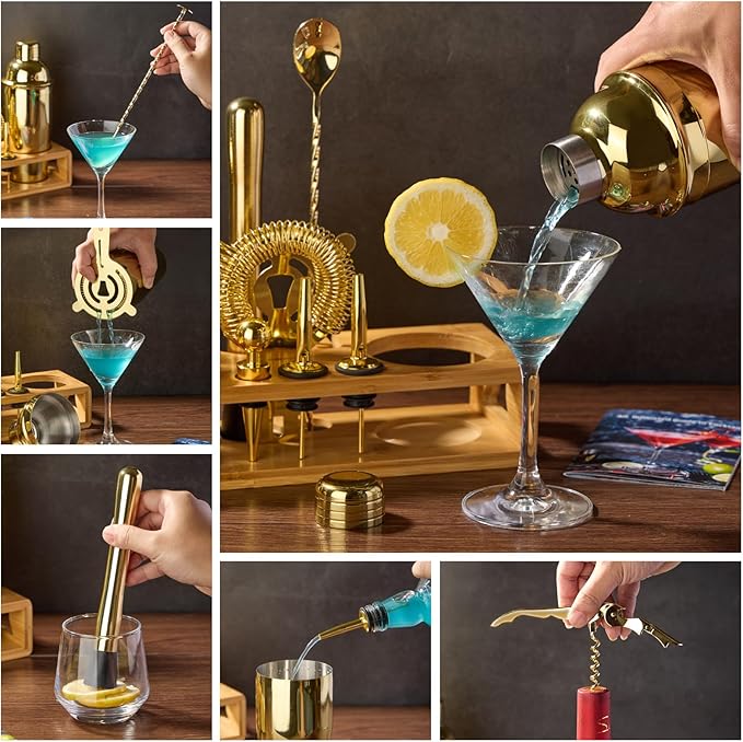 Cocktail Shaker Set Bartender Kit : 12-Piece Bar Tool Set with Bamboo Stand | Bars Set with All Practical Bar Accessories, for Drink Mixing, Bar, Home, Lounge & Party (Gold)