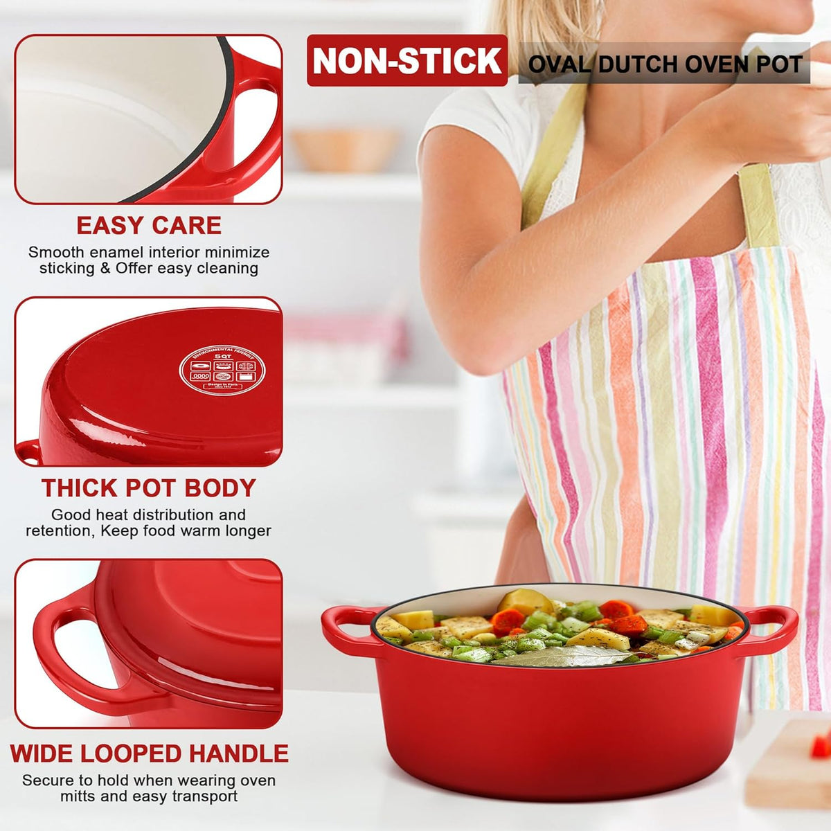 E-far 5QT Oval Dutch Oven Pot with Lid, Enameled Cast Iron Dutch Oven with Dual Handles for Sourdough Bread Baking Cooking, Nonstick Enamel Coated Cookware(Red), Non-Toxic & Easy Clean