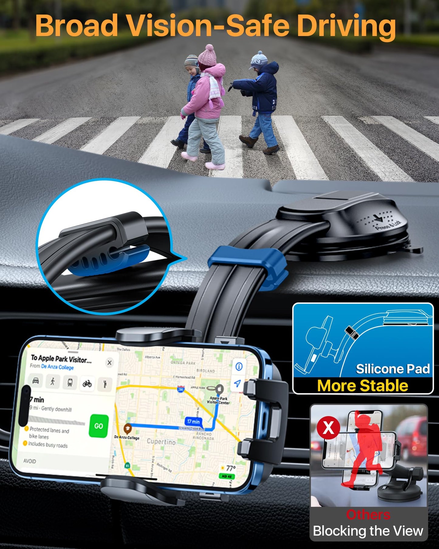 HTU Upgraded Strongest Suction No Block View Bendable Arm Car Phone Holder