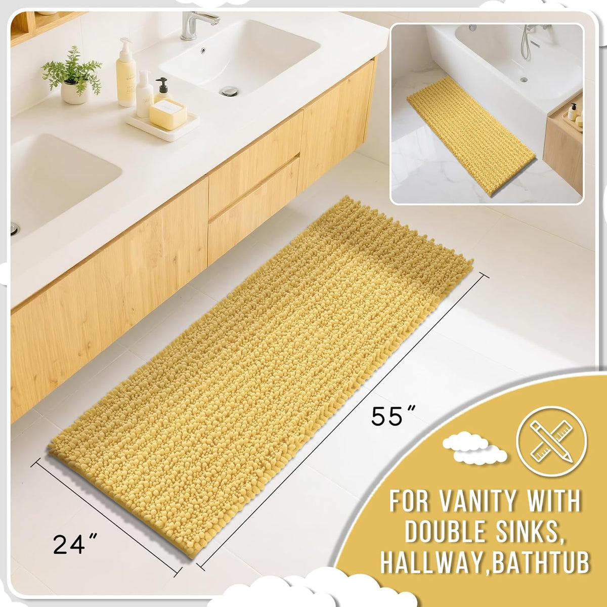 Yimobra Bathroom Runner Rug 55x24 Inch - Extra Long Non Slip Chenille Bath Mat, Soft & Absorbent, Machine Washable Shaggy Hallway Carpet for Vanity Tub Shower, Yellow Home Decor Accessories