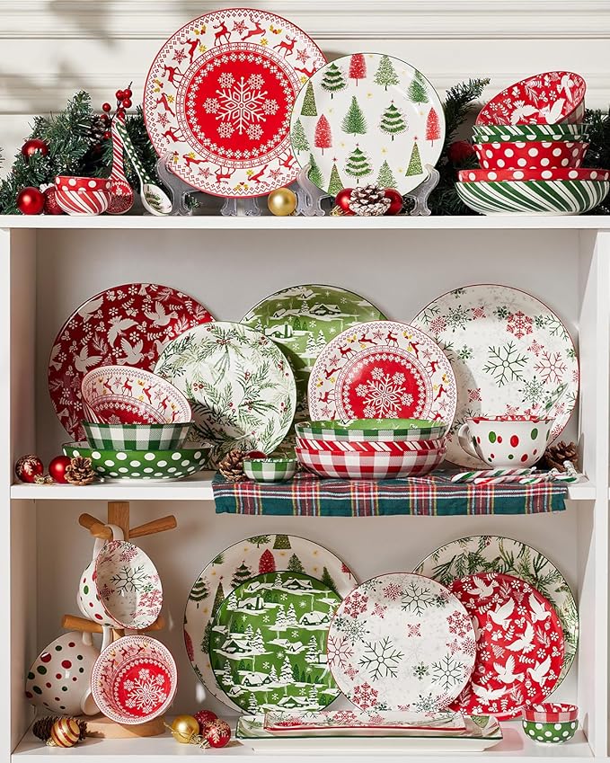 Christmas Pasta Bowl Set, 8 Inch Salad Serving Bowl, Wide and Shallow Bowl Plate for Kitchen, Dishwasher and Microwave Safe, Set of 6