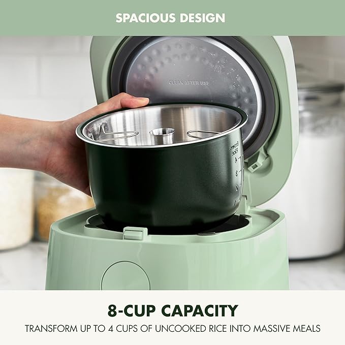 GreenPan Rice Cooker, 8 Cups Cooked (4 Uncooked), Low-Carb & Soup Mode,10 ONE-TOUCH Cooking Presets, PFAS-Free Ceramic Steamer Basket, Fuzzy Logic, Auto Keep Warm, Oats, 24HR Delay Timer, Mint Green