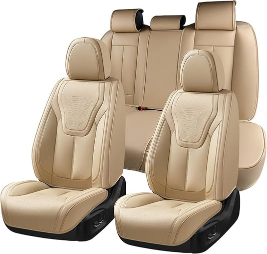 FLORICH Automotive Seat Covers, Beige Car Seat Cover Full Set, Luxury Faux Nappa Leather Automotive Seat Protectors, Car Seat Cushions Universal Fit for Most Sedans SUVs Trucks - Beige
