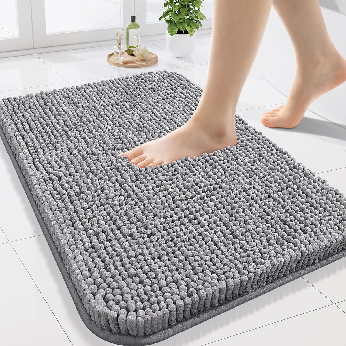 Arotive Bathroom Rugs 24x16, Extra Soft Absorbent Shaggy Chenille Bath Rugs, Machine Washable Rubber Backing Non-Slip Bath Mats for Bathroom Floor Tub and Shower, Home Decor Accessories, Grey