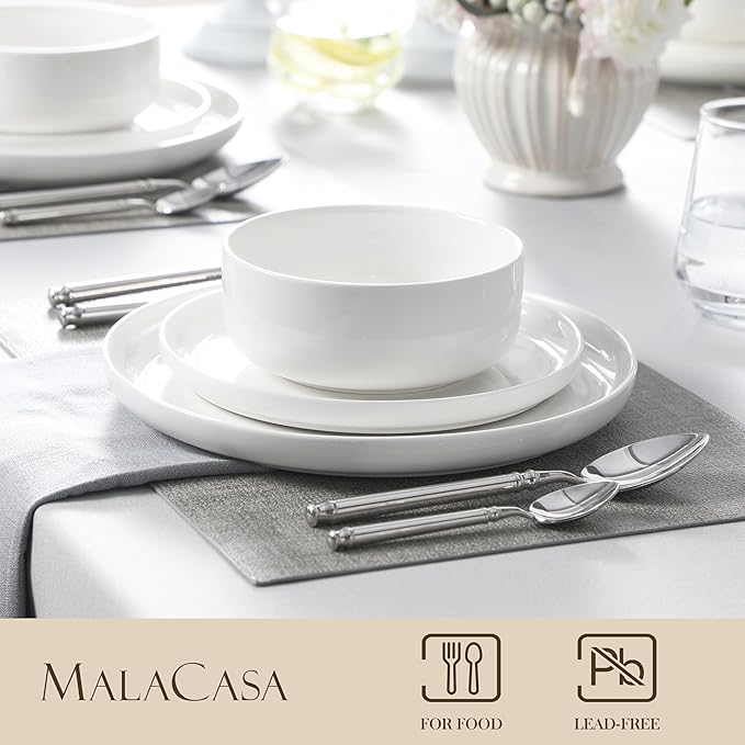 MALACASA Plates and Bowls Sets, 24 Pieces Modern Porcelain Dinnerware Set for 8, Ceramic Dishware Dishes White Kitchen Dinner Dining Ware Set, Microwave and Dishwasher Safe, Series LUNA