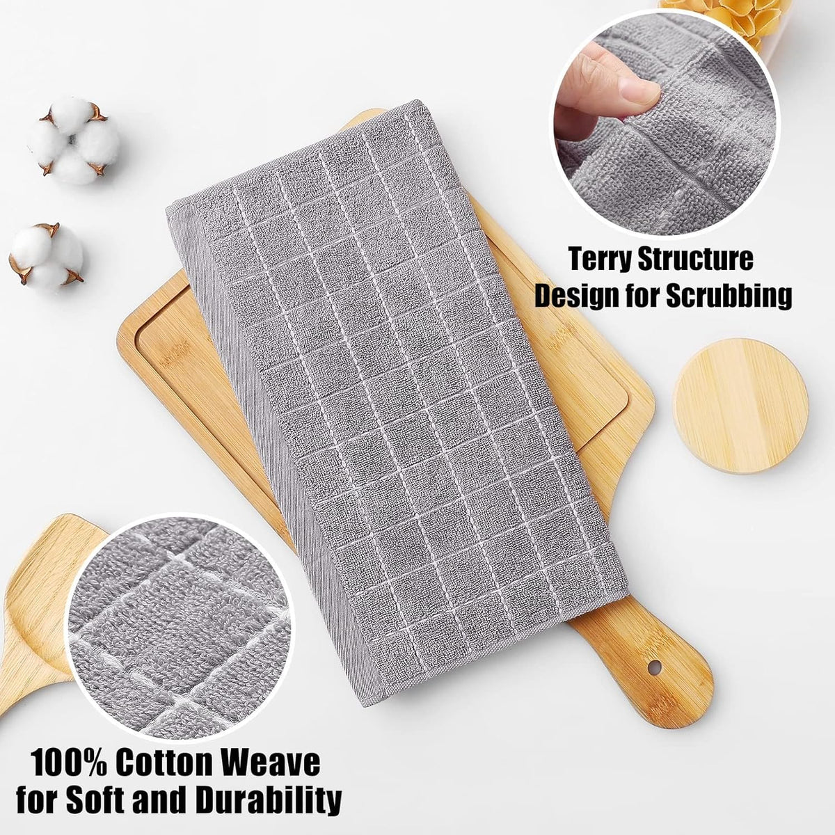 Homaxy 100% Cotton Terry Kitchen Dish Cloths, Ultra Soft and Absorbent Dish Towels for Kitchen, Suitable for Drying and Washing Dishes, 8 Pack, 12 x 12 Inches, Light Grey