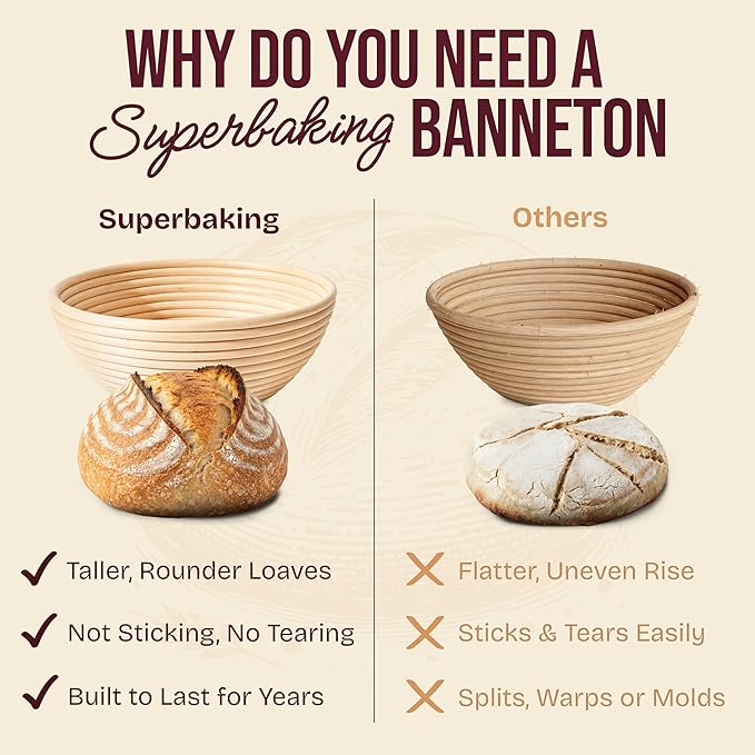 Superbaking Banneton Bread Proofing Basket, Sourdough Bread Baking Supplies, Round 9 Inch Sourdough Starter Kit, Proofing Basket for Baking, Bread Making Supplies Tools, Banneton Basket Gift Set