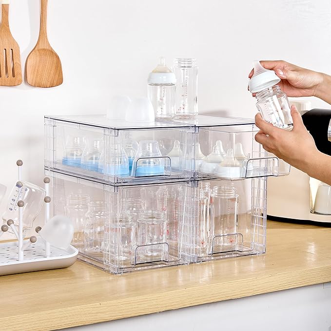 Vtopmart 4 Pack Clear Stackable Storage Drawers,Easy to Assemble Bathroom Organizers and Storage with handles,Plastic Drawers for Kitchen Pantry,Cabinet,Under Sink Organization