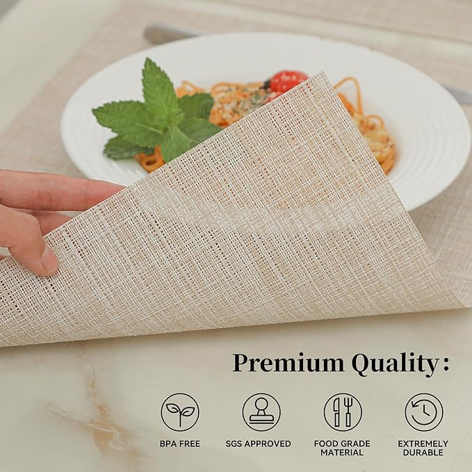 Leetaltree Beige Placemats Set of 16 - Heat Resistant Non-Slip Place mats for Dining Table, Washable Durable PVC Vinyl Woven Table Mats(Beige, 16)