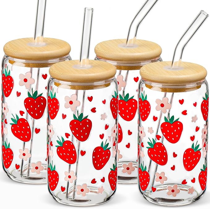 Glass Cups with Lids and Straws with Design Strawberry 4 pcs,Clear Glass Cups 16 oz-DWTS Drinking Glasses Set,Glass Tumbler,Cute Design Glass Iced Coffee Cups with Lids and Straws