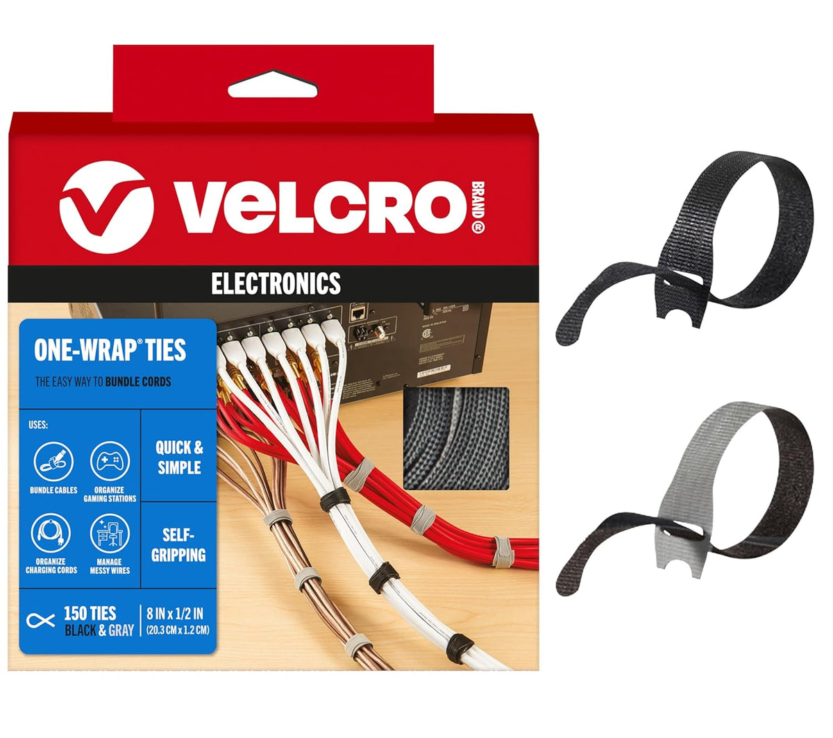 VELCRO Brand 150pk Cable Ties Value Pack | Replace Zip Ties with Reusable Straps, Reduce Waste | For Wire Management and Cord Organizer | 8 x 1/2" Thin Pre-Cut Design, Black and Gray
