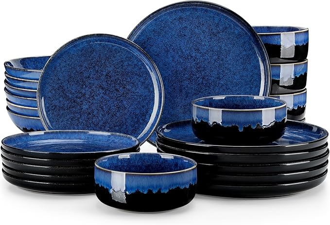 vancasso Starry Plates and Bowls Sets for 6, 24 Pieces Dinnerware Sets, Blue Reactive Glaze Dishes Sets for Kitchen, Scratch Resistant Stoneware Dishes Set, Dishwasher and Microwave Safe