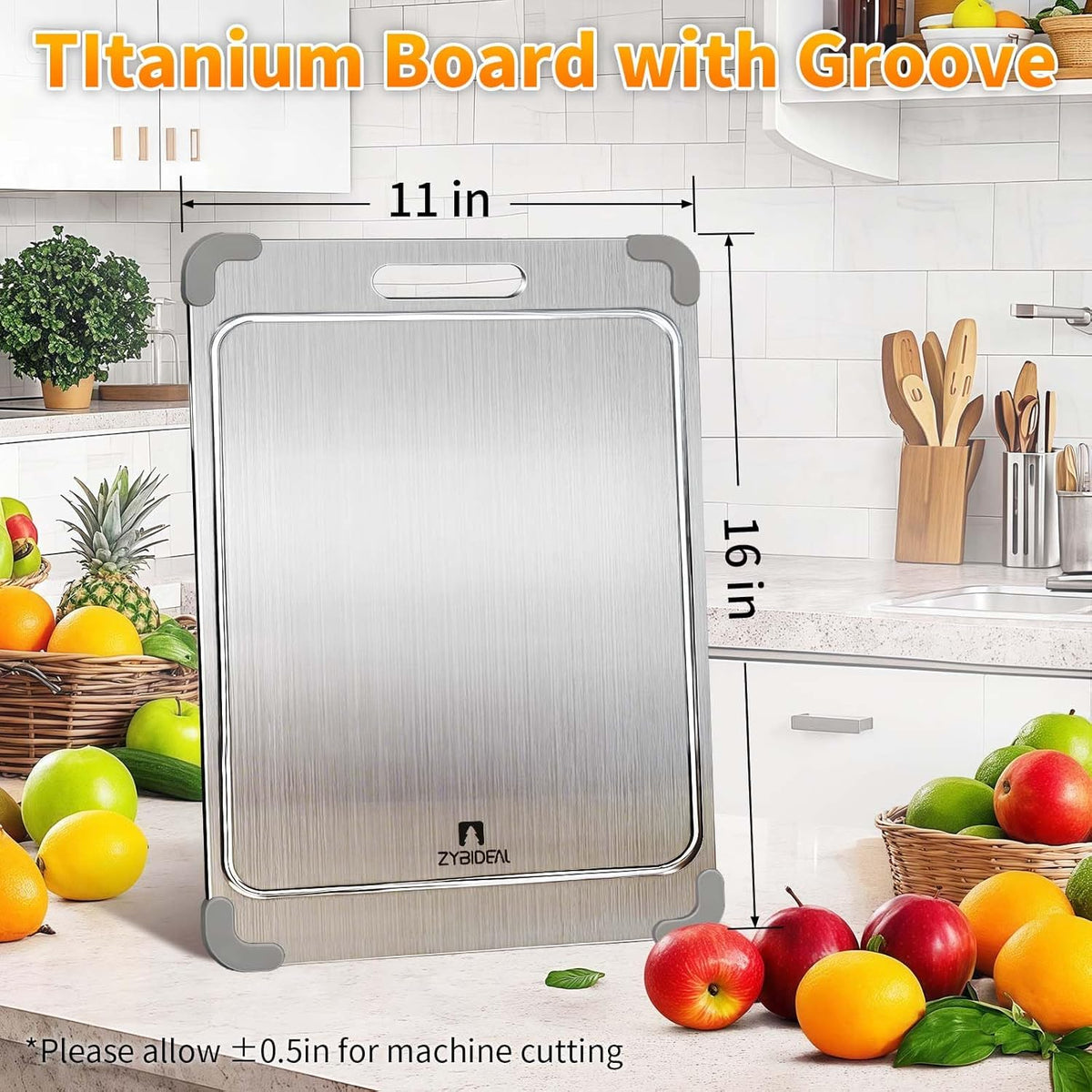 100% Pure Titanium Cutting Board with Grooves, Update Double Side Titanium Chopping Board, Silicone Anti-slip Stainless Cutting Boards for Kitchen 11 * 15 IN, Grey