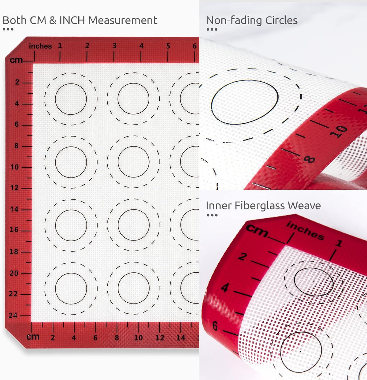 446ºF Heat Resistant Macaron Mat: U-Taste 14.17x9.44in Non Stick Silicone Baking Mat, Reusable Cookies Pastry Sheet Liner with Edge Enhancement & Circle Measurement for Cake Pan (Red)
