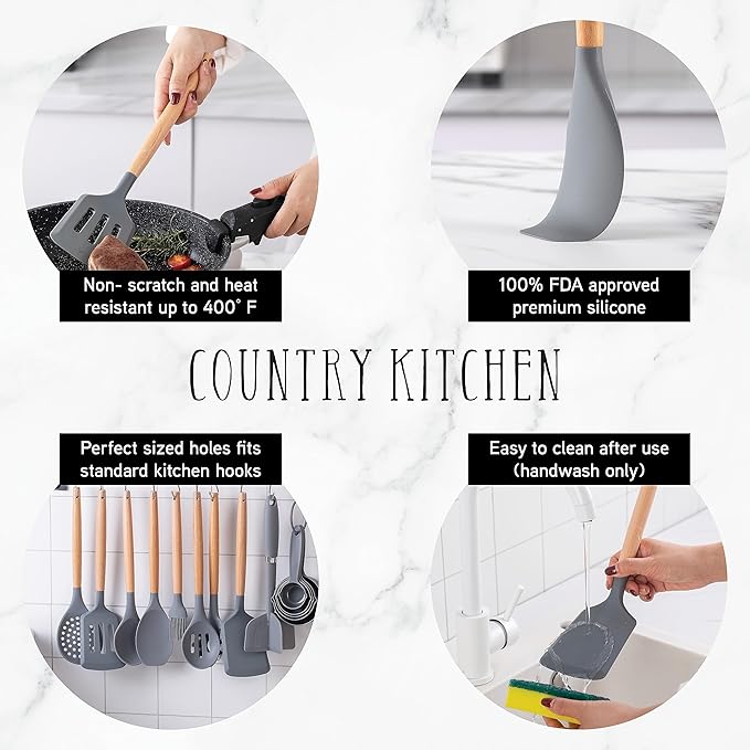 Country Kitchen Non Stick Silicone Utensil Set with Rounded Wood Handles for Cooking and Baking, 38 Piece Set, Gray